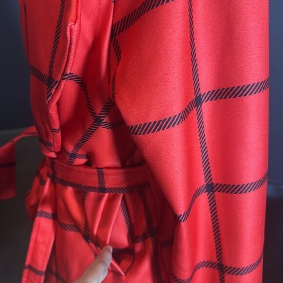 Women’s Red Turn Down Collar Wrap Trench Coat Grid Pattern Belted L (**tag XL) - Picture 8 of 16
